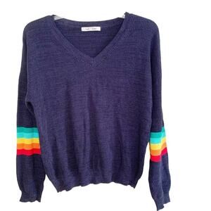 Gab & Kate Navy Varsity V Neck Rainbow Stripe Sleeve Sweater AV Nation Vibes